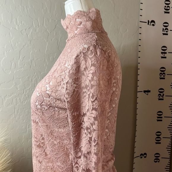 Pink stretchy long sleeve mock turtleneck lacy sheer blouse/top size medium - Picture 4 of 10